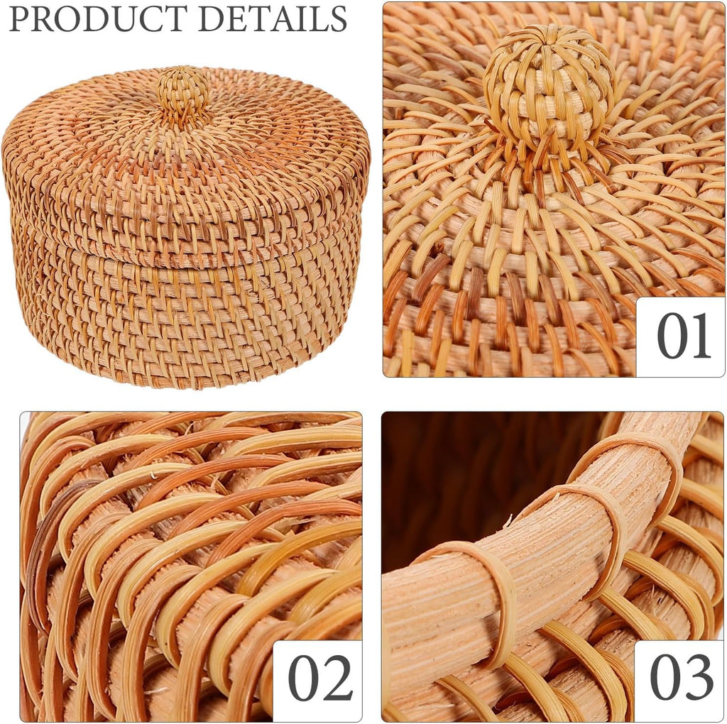 Handwoven Rattan Storage Box with Lid, Small Round Wicker Basket for Desktop Organization, Bathroom Shelf, Dresser