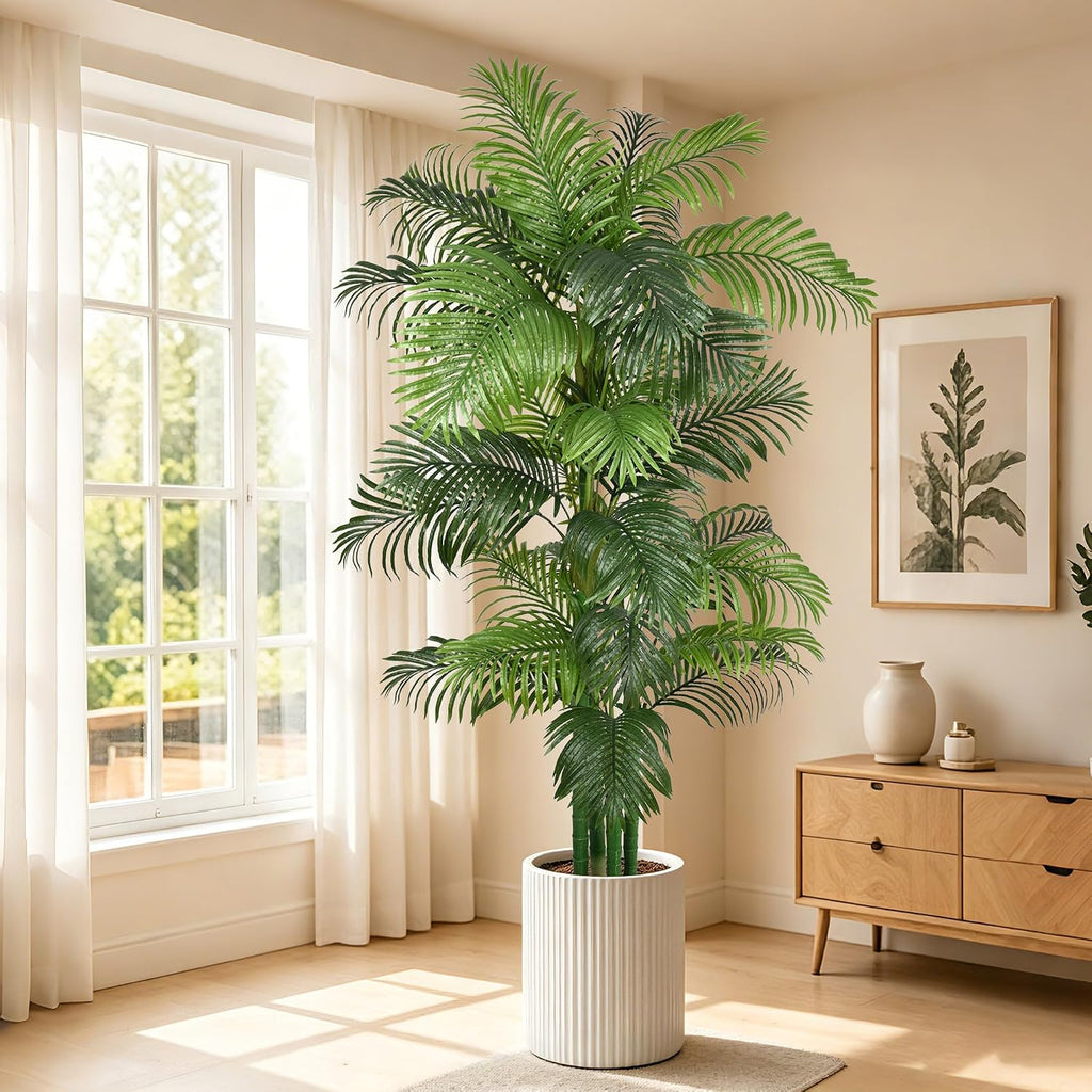 8FT Artificial Palm Tree, Tall Faux Tropical Floor Plant Indoor with Realistic Palm Leaves Fake Areca Trees with Pot