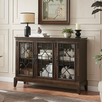 Sideboard Cabinet with 3 Tempered Glass Doors, 48" Solid Wood Buffet Glass Display Cabinets Vintage Credenza Accent