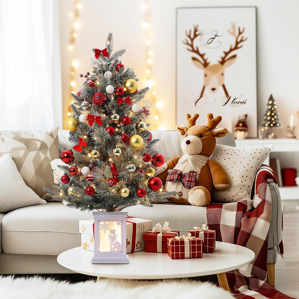 3ft Prelit Christmas Tree with 78 Warm Lights & Red Berry, Artificial Xmas Trees with Snowman Light Box Base
