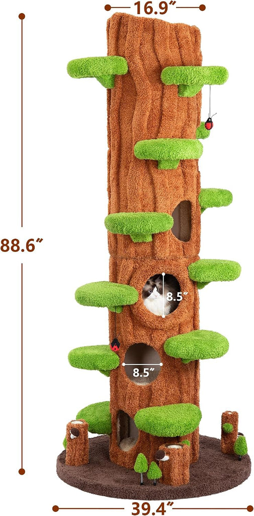 88.6" Extra Large Solid Wood Cat Tree Tower - Multi-Level Indoor Cat Condo with Scratching Posts, Tall Climbing