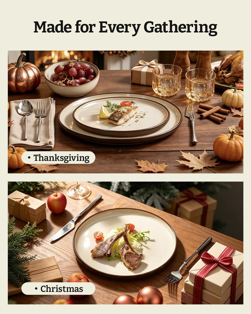 Milkyway 12-Piece Stoneware Dinnerware Set, Light khaki & Cocoa