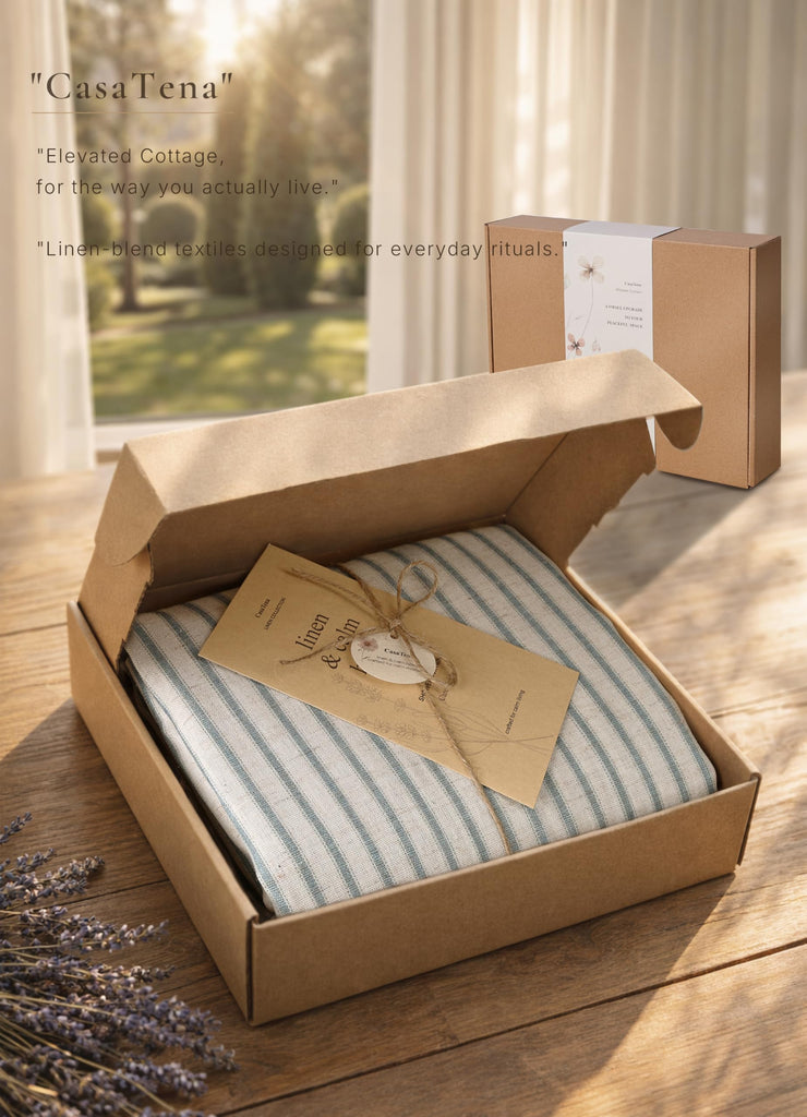 Farmhouse Striped - 72x72 Inches, Linen Blend Fabric, Breathable & Machine Washable, Rustic Heirloom Blue Decor