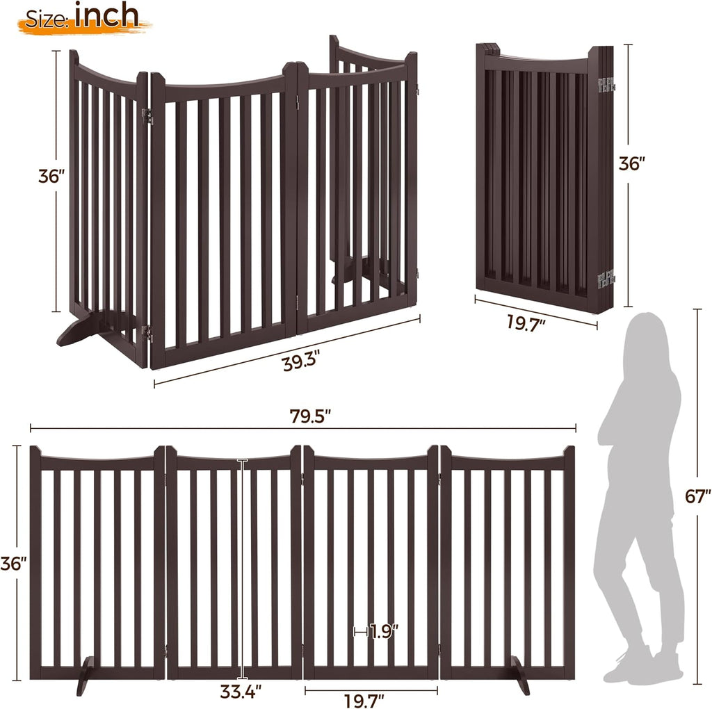 Freestanding Wooden Dog Gate, 36in H 4-Panel Pet Barrier