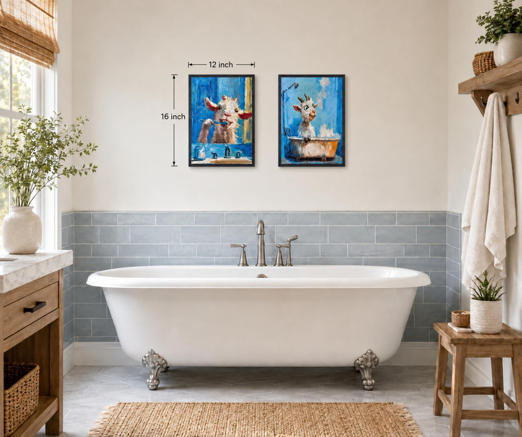 Funny Goat Bathroom Wall Art, Framed Canvas Set of 2, 12x16 in