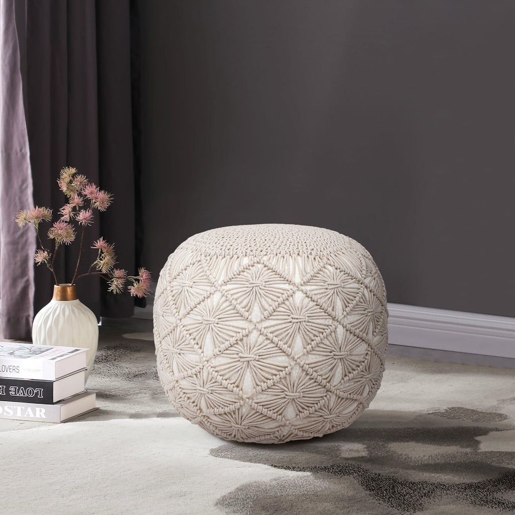 Macrame Pouf Ottoman 20x20x14 Ivory Handwoven Dori Footrest Stool