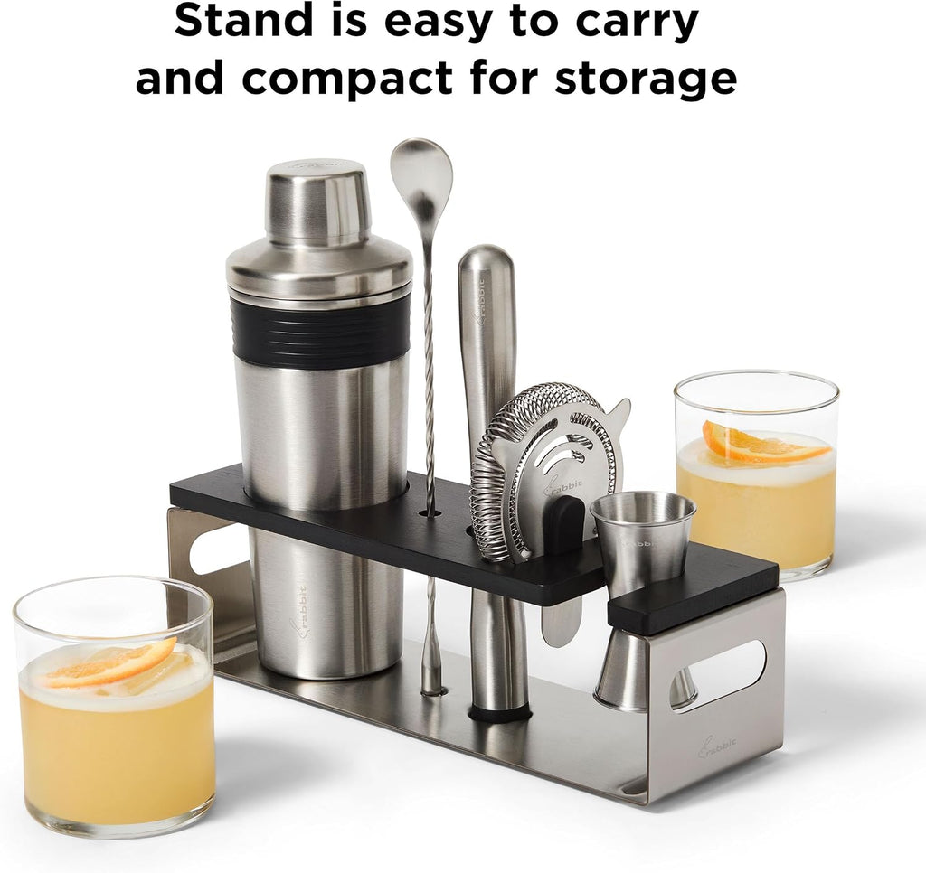 6-Piece Bar Tool Set - Stainless Steel Cocktail Shaker with Integrated Strainer, Muddler, Stir Spoon, Double Jigger - Set of 6