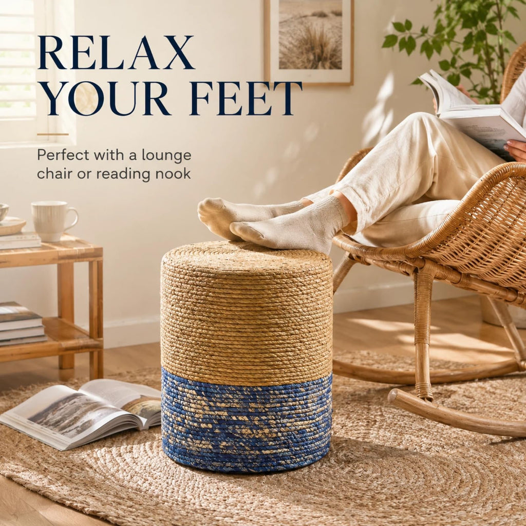 Natural Seagrass Foot Stool, Hand Weaving Round Ottoman, Outdoor Seat (Natural & Blue)