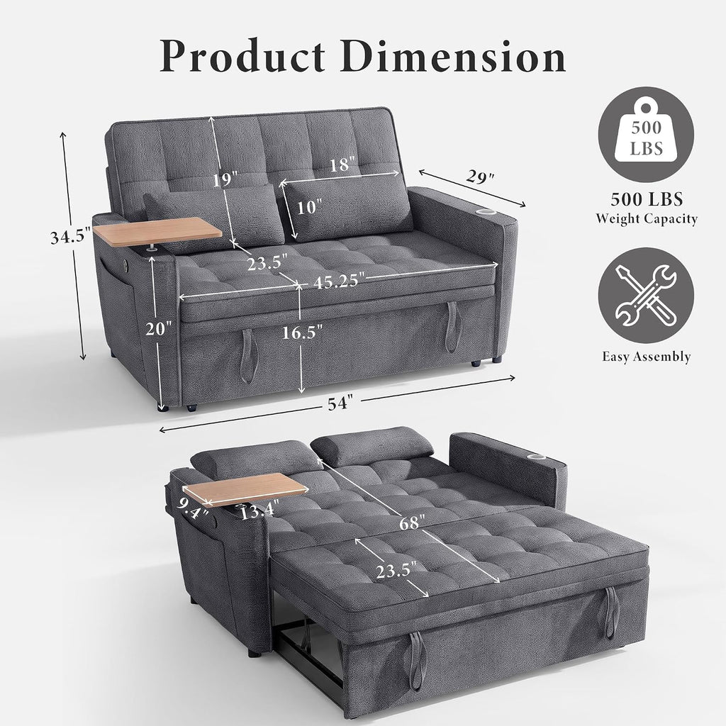 54'' Convertible Sleeper Sofa Bed with Swivel Side Table, Chenille Pull Out Couch , Loveseat Sleeper Couch with Side