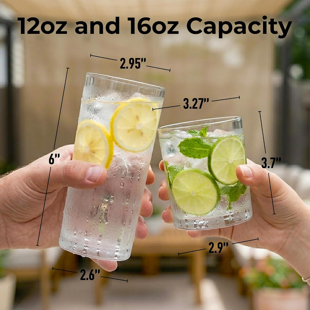 Plastic Drinking Glasses (Set of 8) - Mixed 16oz & 12oz Acrylic Shatterproof Cups & Outdoors - Glass Look - BPA &