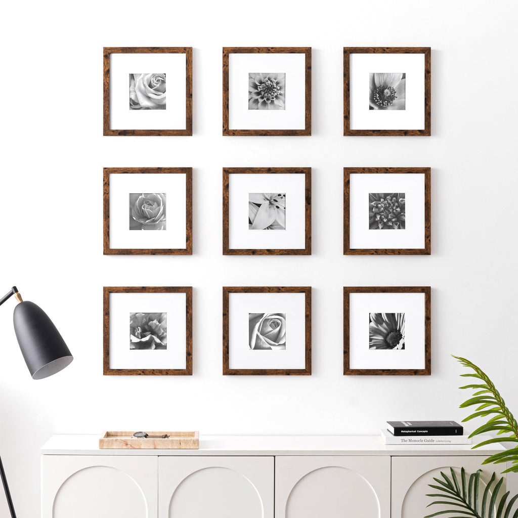 10x10 Picture Frames Set of 9 Classic Gallery Wall Frame Set Displays 5x5 Photo with Mat or 10x10 without Mat, Square
