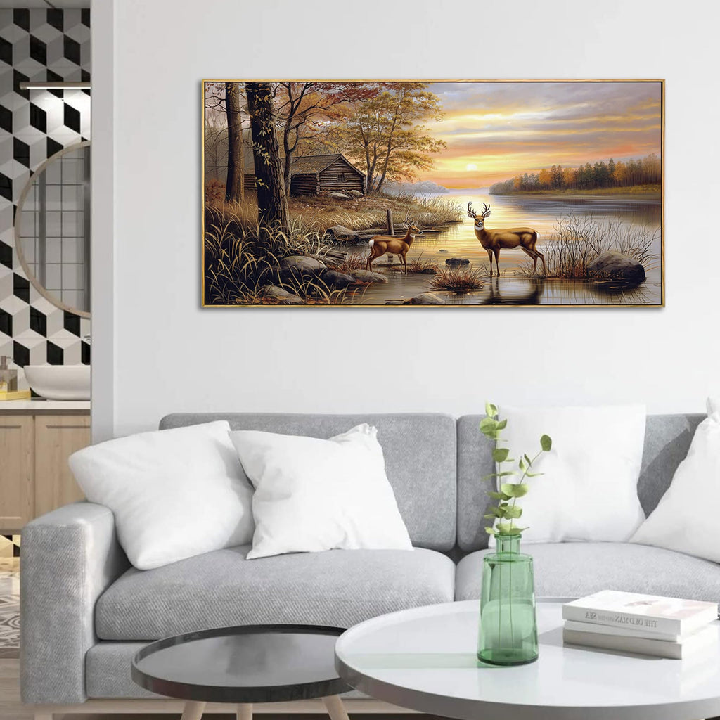 Deer Pictures Wall Decor - Autumn Rustic Forest Cabin Painting Prints Wildlife Pictures Animal Elk Poster Canvas Wall