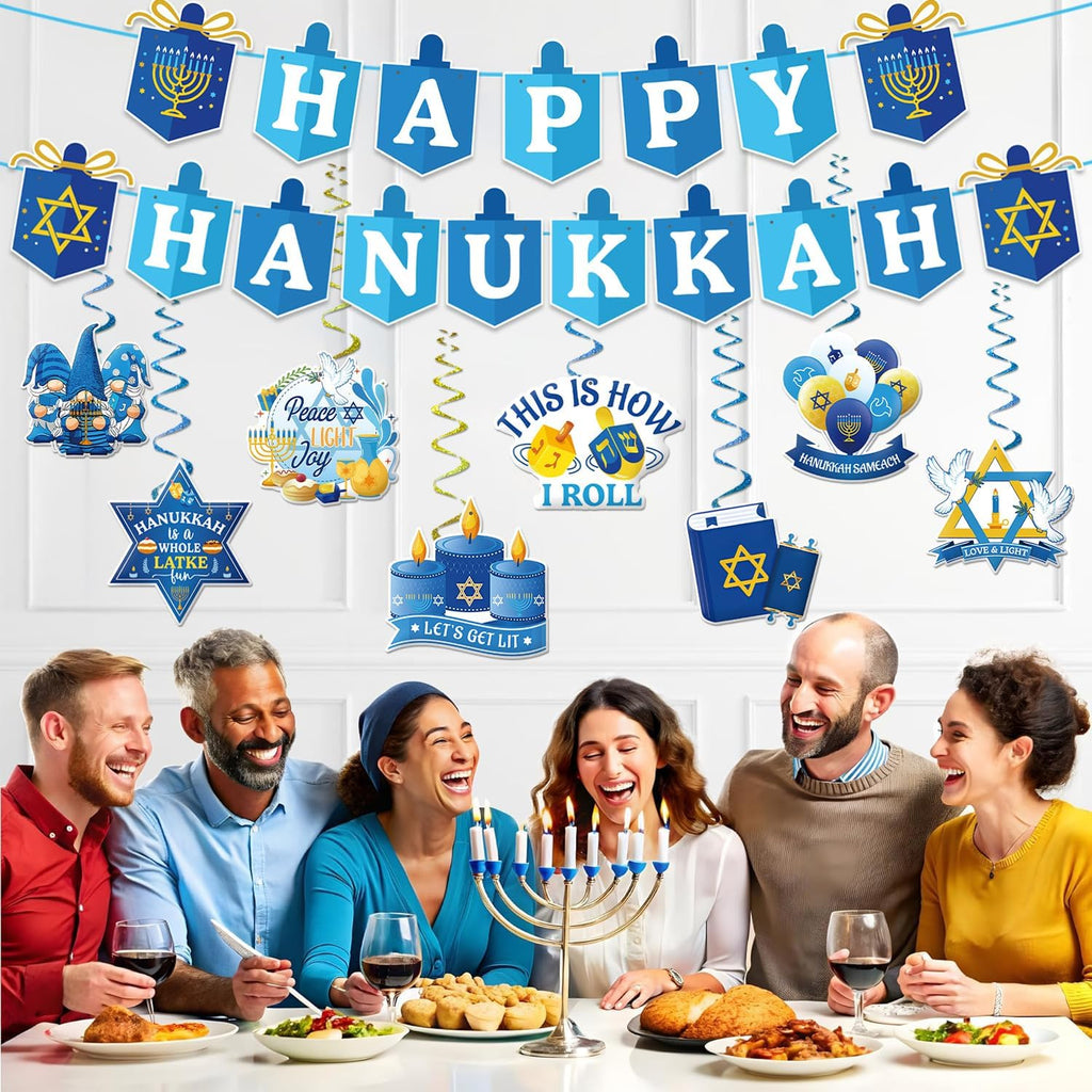 Hanukkah Decorations Blue and White Happy Hanukkah Banner and Hanging Swirls Need DIY Chanukah Party Decor - Set of 14