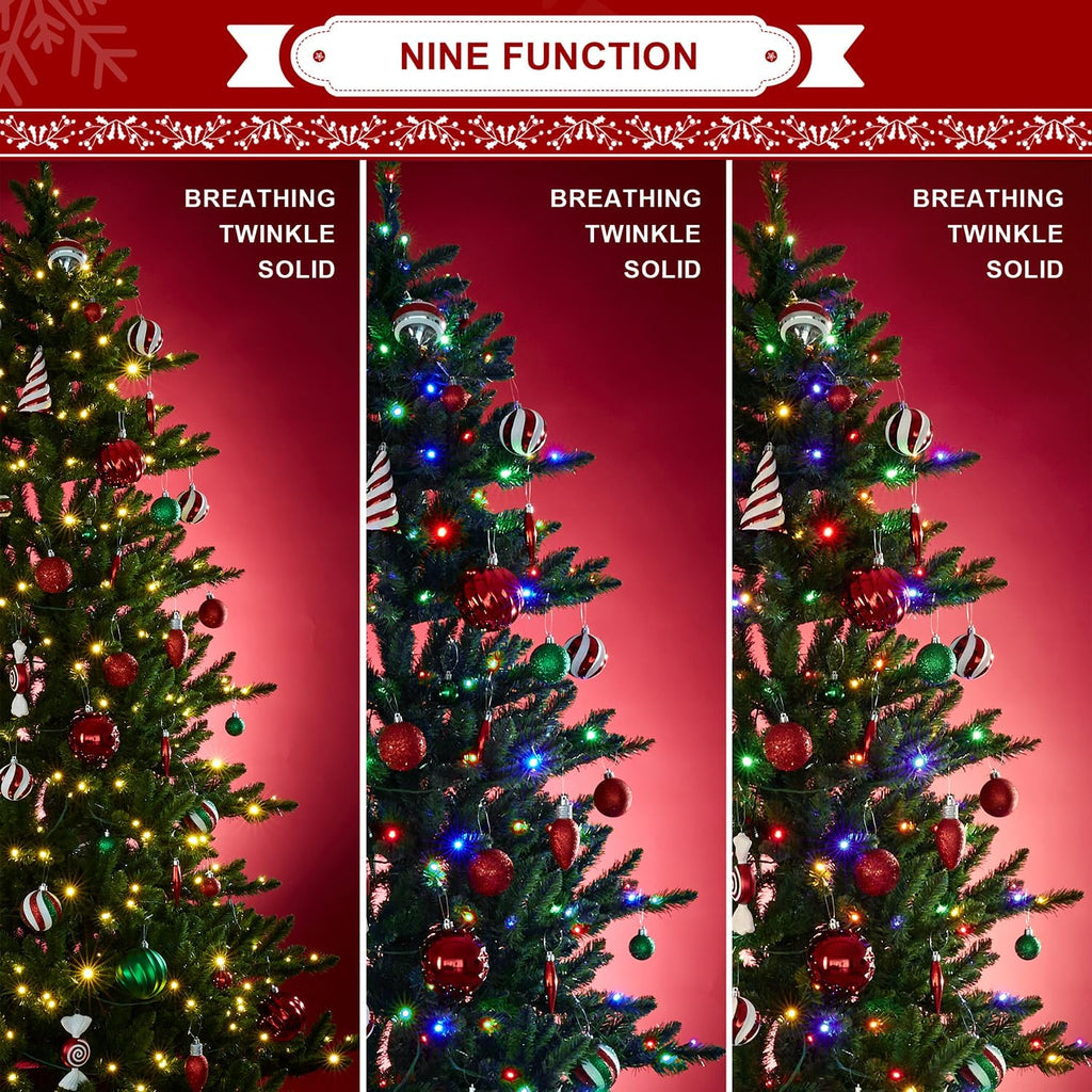 7.5ft Prelit Christmas Tree, Artificial Christmas Tree Emerald Elegance Slim Green Fir Tree with 400 LED Lights, 1336