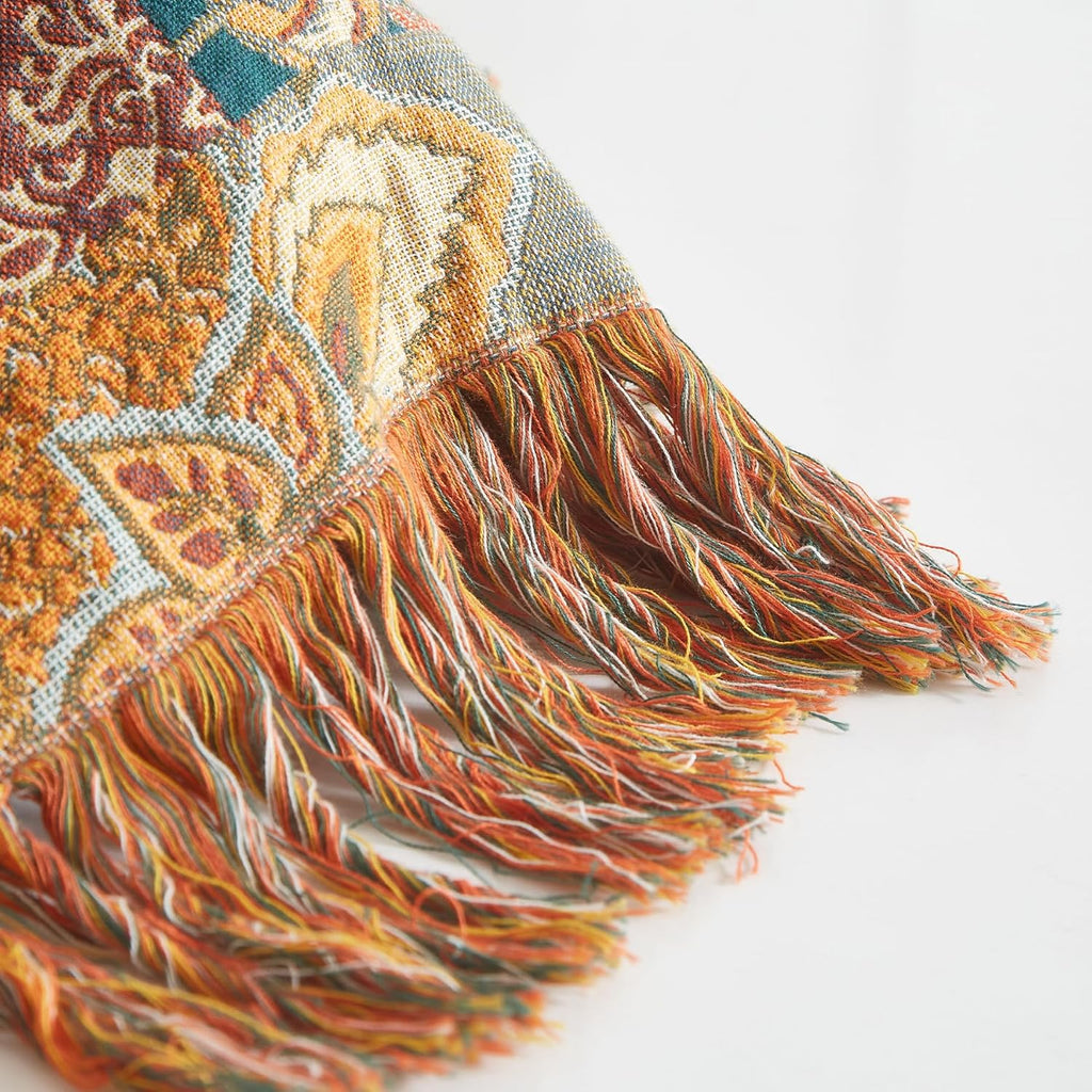 Boho Throw Blanket, 100% Cotton Woven Quilt with Tassel 60”x80”, Super Soft Muslin Blanket with Floral Printed