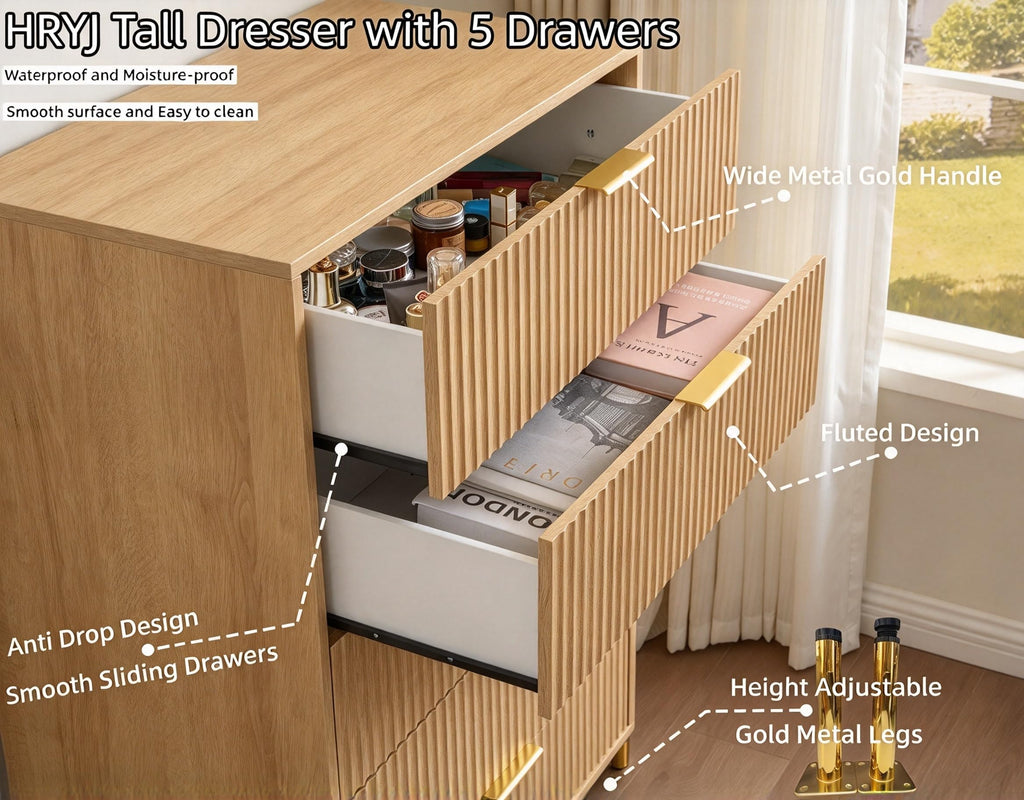 Fluted 5 Drawers Bedroom Dresser, 48" Tall Chest of Drawers Gold Handle, Oak