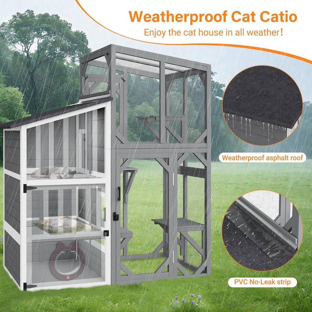 3 Tiers Catio 69" H Large Cat Enclosures House for Outdoor Indoor Feral Cats Shelter with Window Access, Adjustable