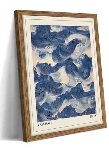 Framed Japanese Wall Art, Vintage Abstract Blue Waves Canvas Wall Decor Painting, Minimalist Japandi Oriental Ocean