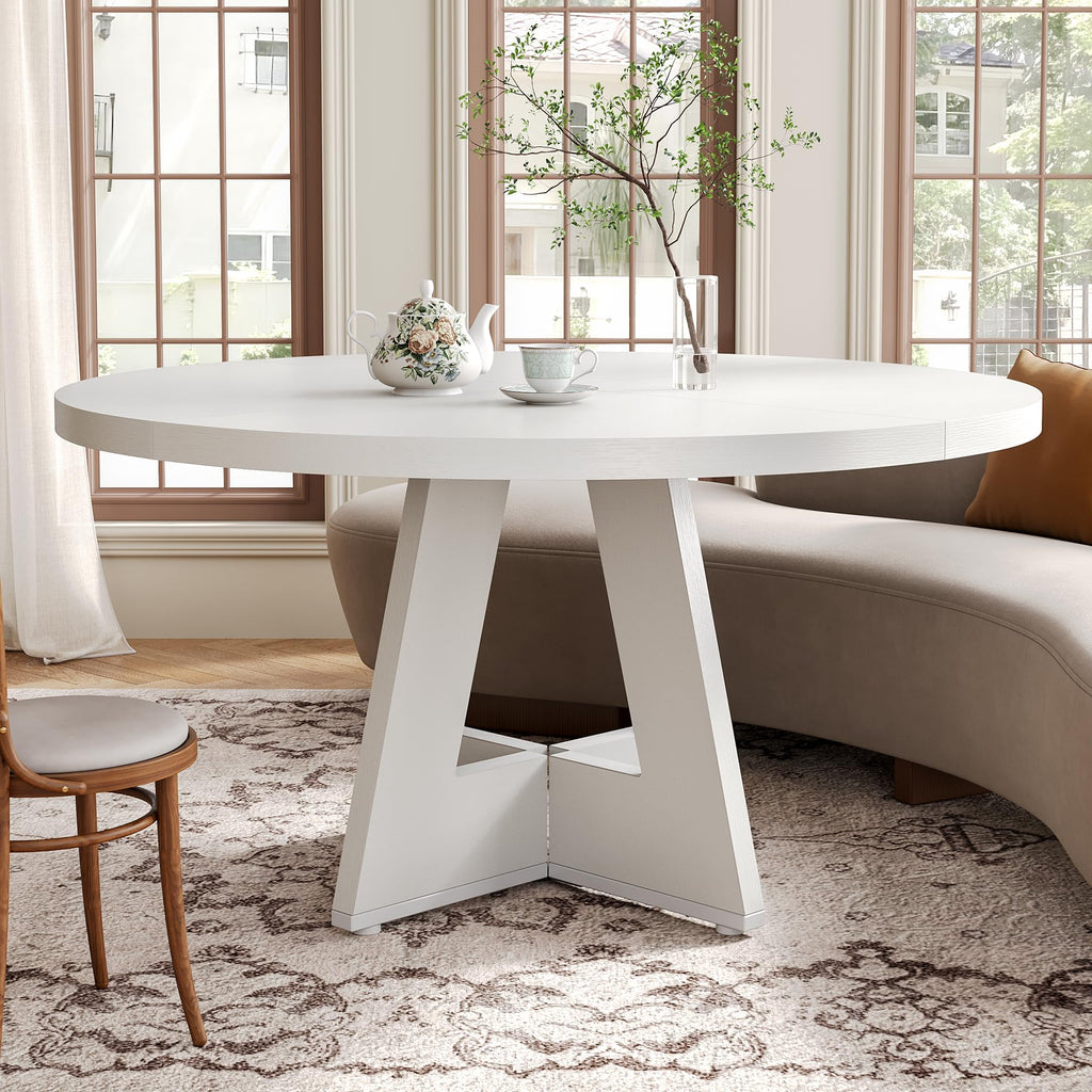 Round Dining Table for 4-6 People, 47 Inches White Circle Dinner Kitchen Dining Room Table with Wooden Pedestal Base