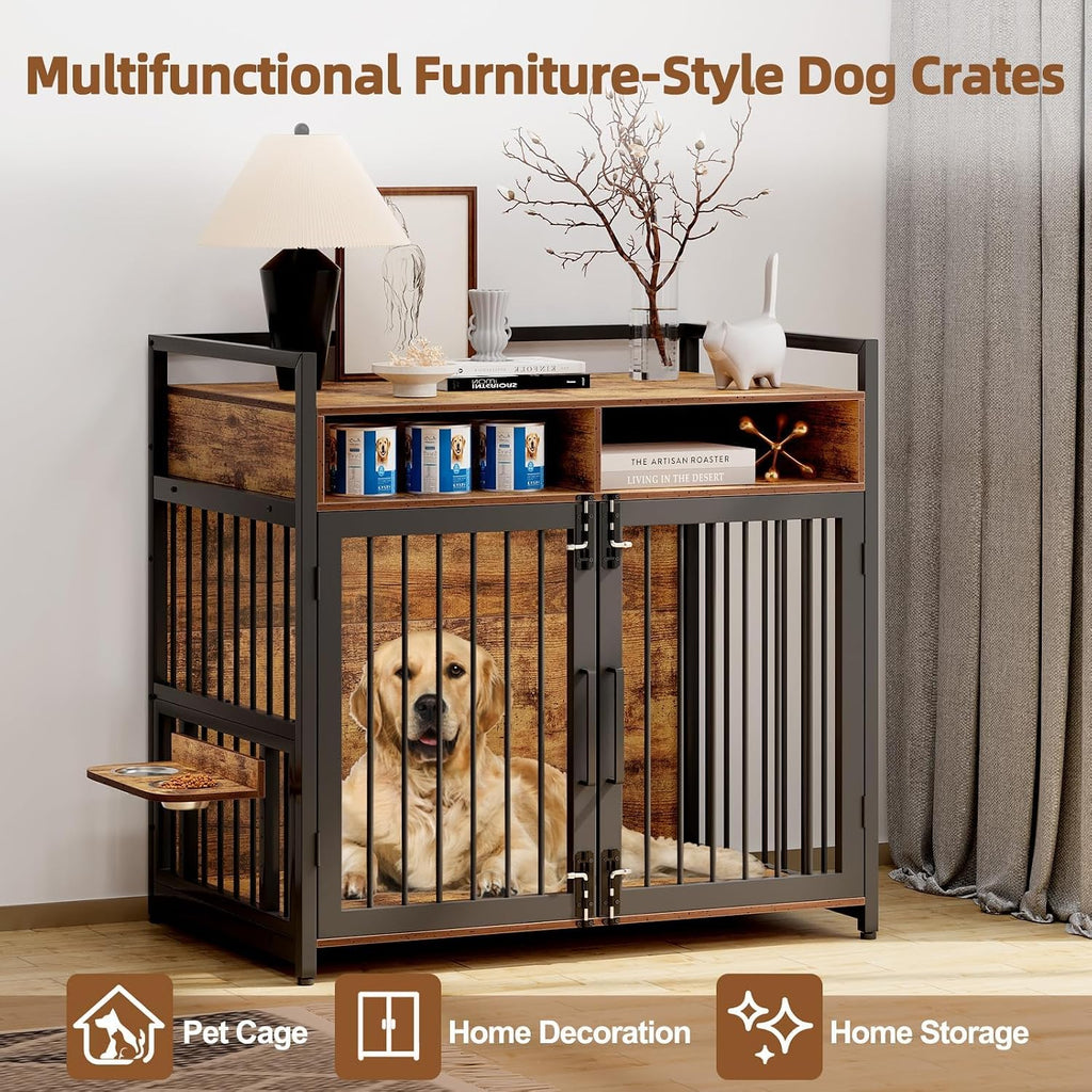48 Inch Heavy Duty Dog Crate Furniture for Large and Medium Dogs - Metal & Wooden Kennel with 2 Storage Drawers, 360°