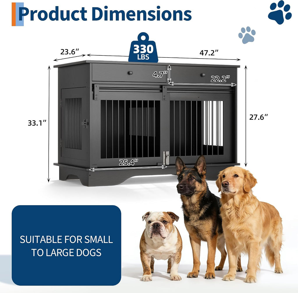 47" Dog Furniture Crate, Large Furniture Style Dog Crate w/ 2 Storage Draws & Removable Divider