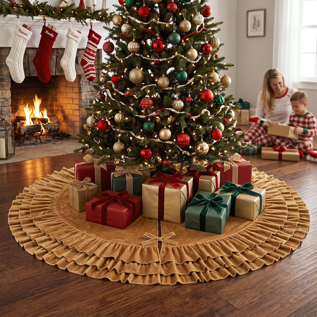 48 Inch Gold Velvet Christmas Tree Skirts Ruffled Tree Skirt