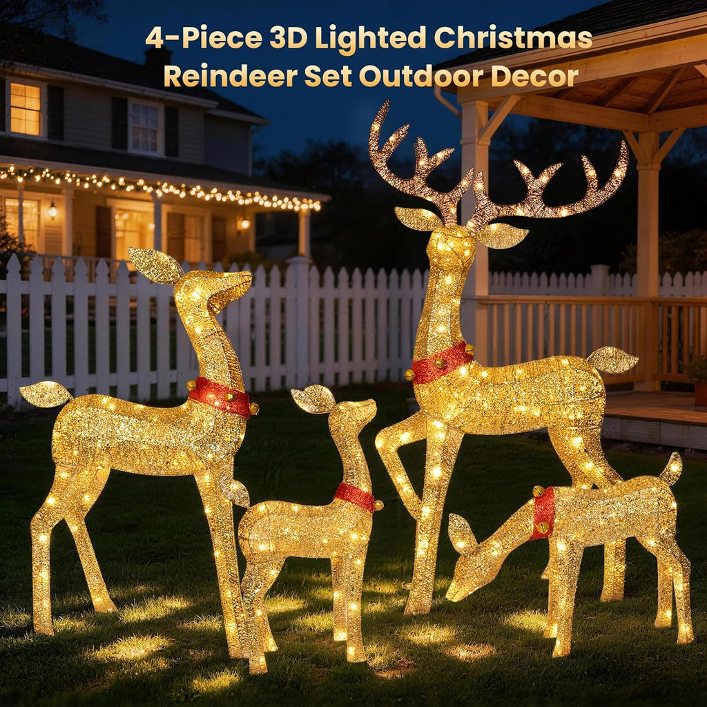 Christmas Deer Outdoor Decorations - 4 Piece 3D Lighted Deer Family Set with 245 LED Lights, Yard Christmas Decor