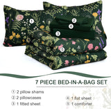 Yiran Queen Comforter Set 7 Piece, Dark Green Floral Bedding Set, Bed in a Bag Queen with Botanical Flowers Patterns
