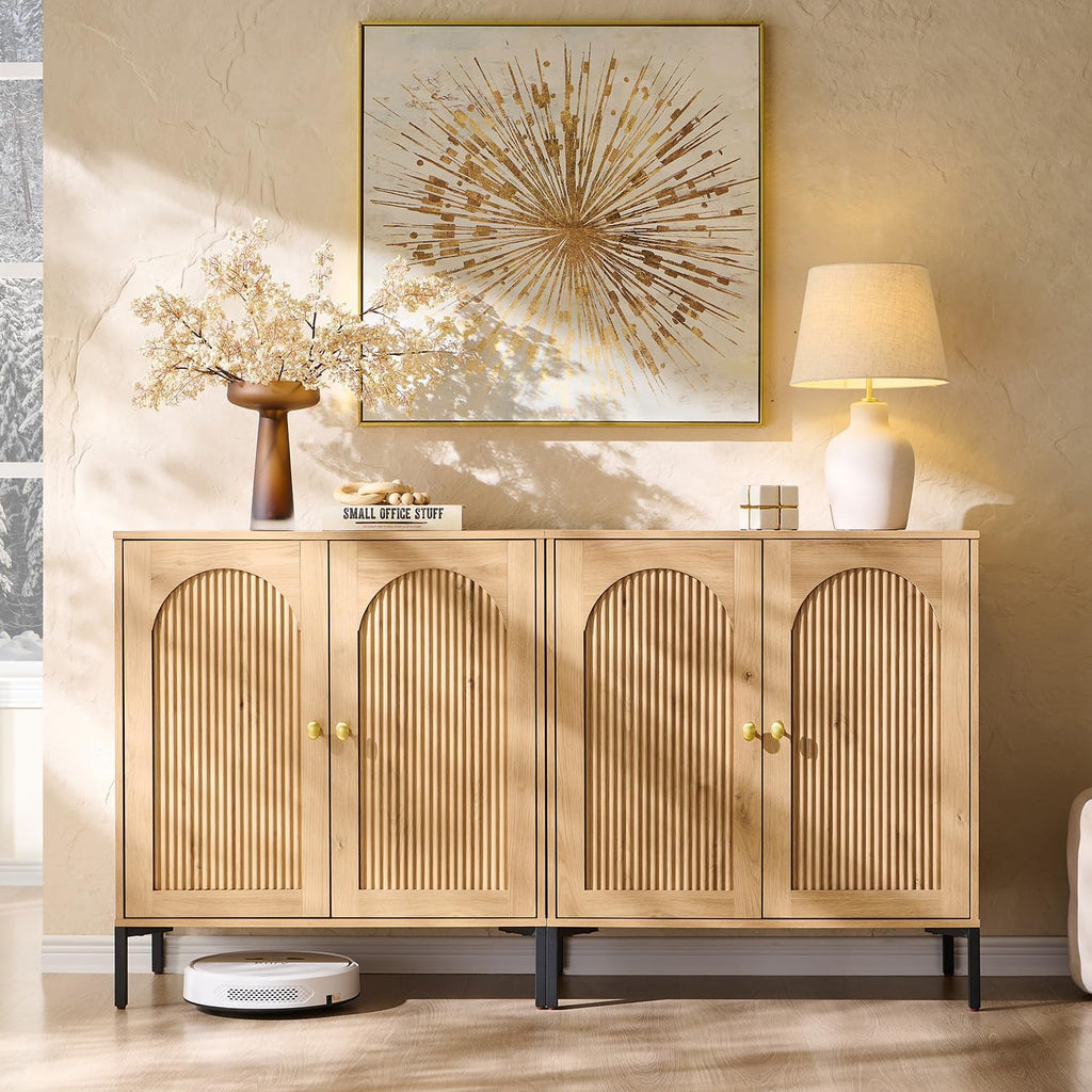 Modern Buffet Cabinet with Storage, 61.75" W Fluted Arched Sideboard Cabinet w/Adjustable Shelves