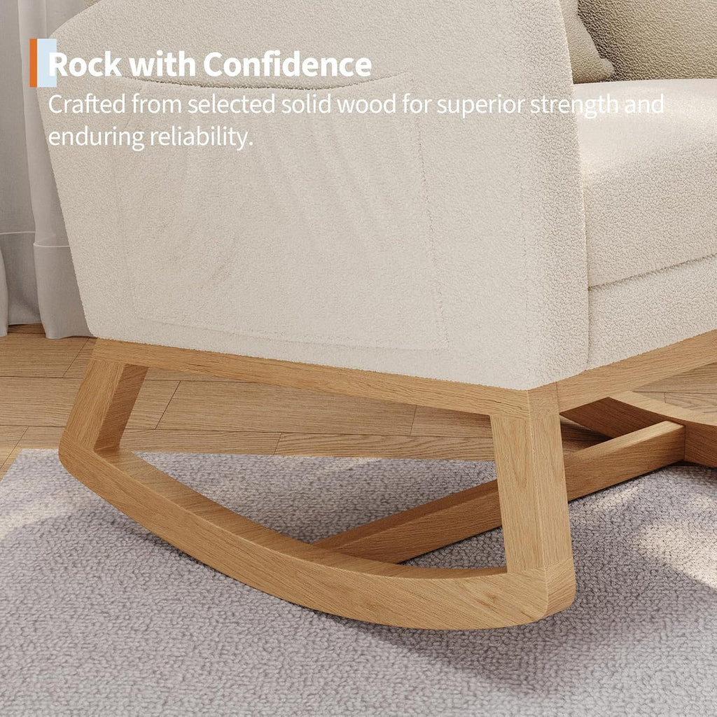 Rocking Chair, Nursery Glider Chair with Footrest, White | Modern Teddy Fleece Rocking Chair with Side Pocket and