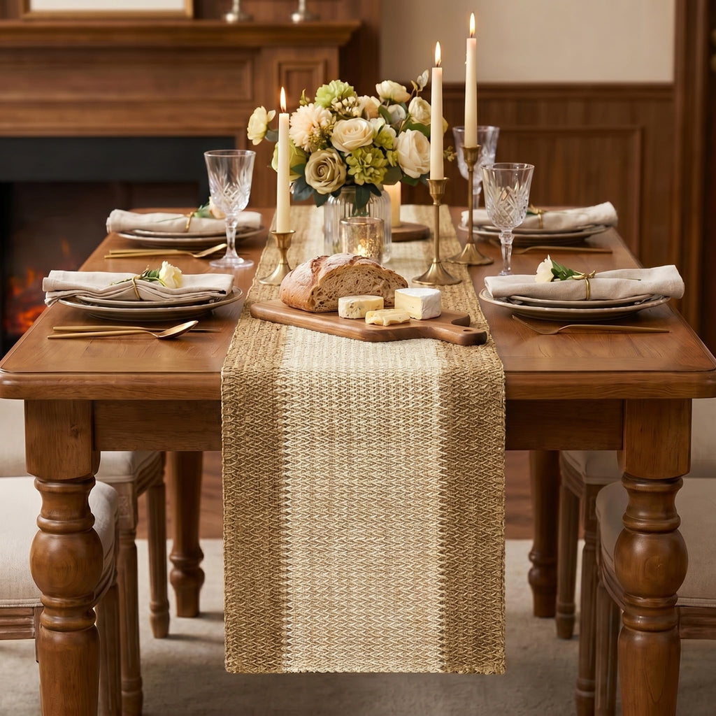 Burlap Brown Farmhouse Rustic Paper Braided Table Runner, Seasonal Christmas Woven Kitchen Dining Table Decoration