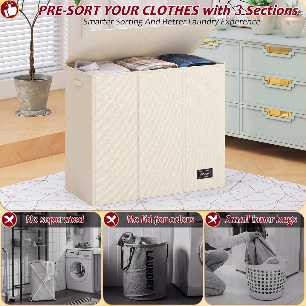 Laundry Hamper 3 Section, Large Laundry Hamper with Lid, Dirty Clothes Hamper with 3 Inner Bags, Collapsible