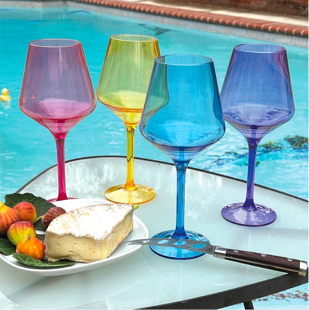 Acrylic Wine Glasses with Stems. Set of 4 Colored, Reusable, Unbreakable and Shatterproof Poolside Outdoor Wine