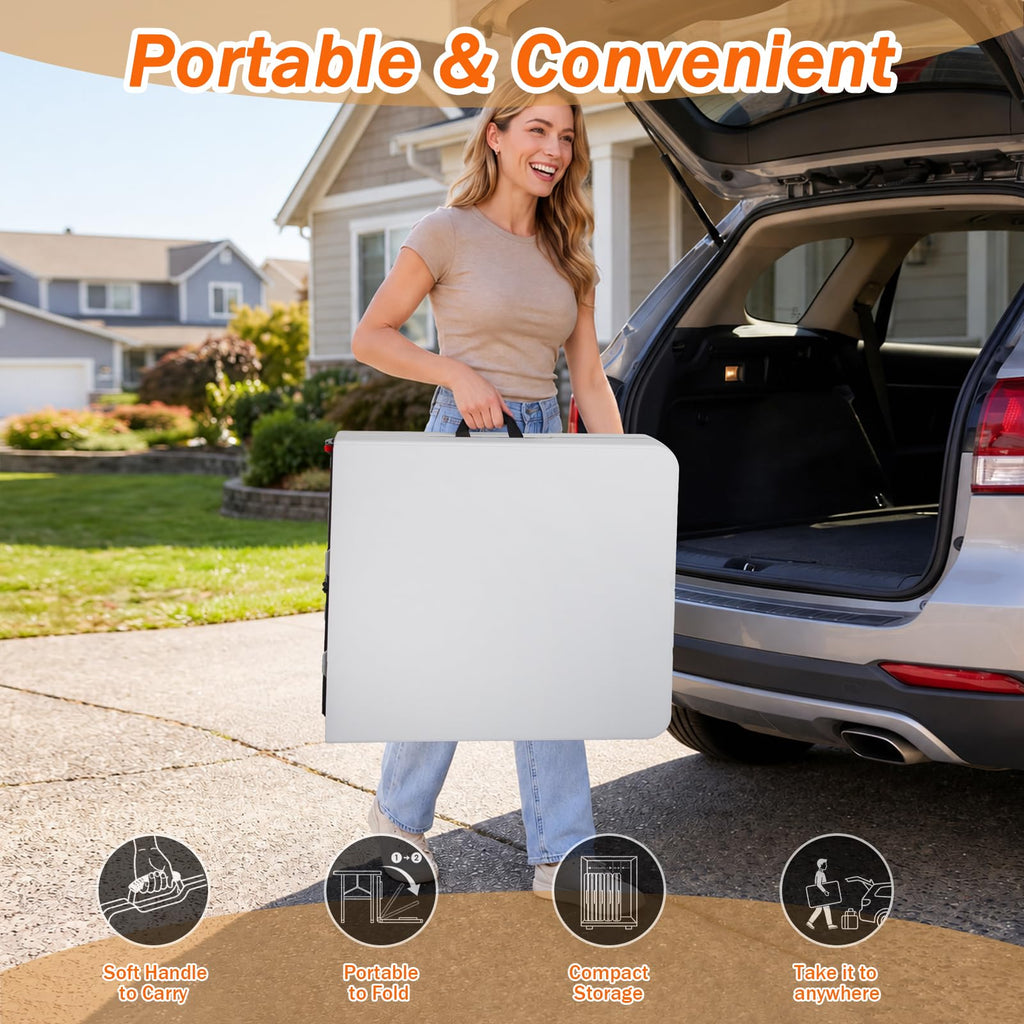4FT Portable Folding Table, White Square Card Table with Carrying Handle & No Assembly, Slim Folding Table Built in