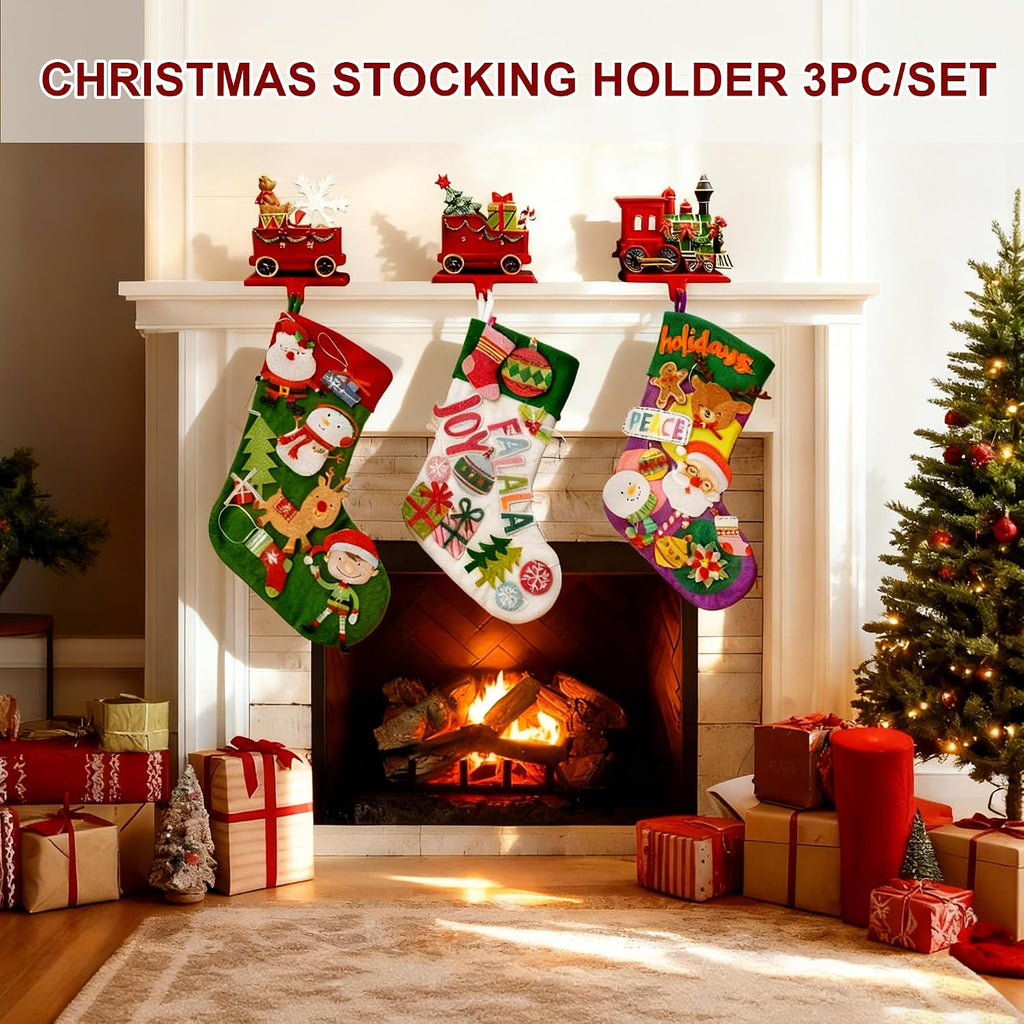 Christmas Train Stocking Holders for Mantle with Hook Set of 3, Red Cast Iron Weighted Stocking Hooks,Heavy Duty