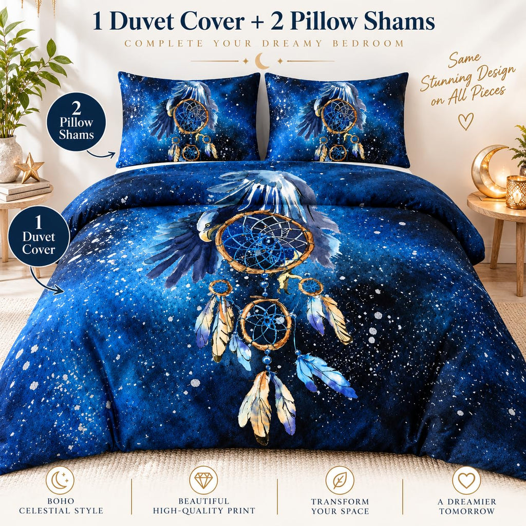 Blue Dream Catcher Full Duvet Cover Boho Style - Bohemian Bedding Set with Tribal Print - Soft Microfiber Boho