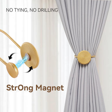 Boho Magnetic Curtain Tiebacks 2 Pack Gold - No Drill Wall-Mounted Holdbacks, Strong Suction Drape Ties, Elastic Cord