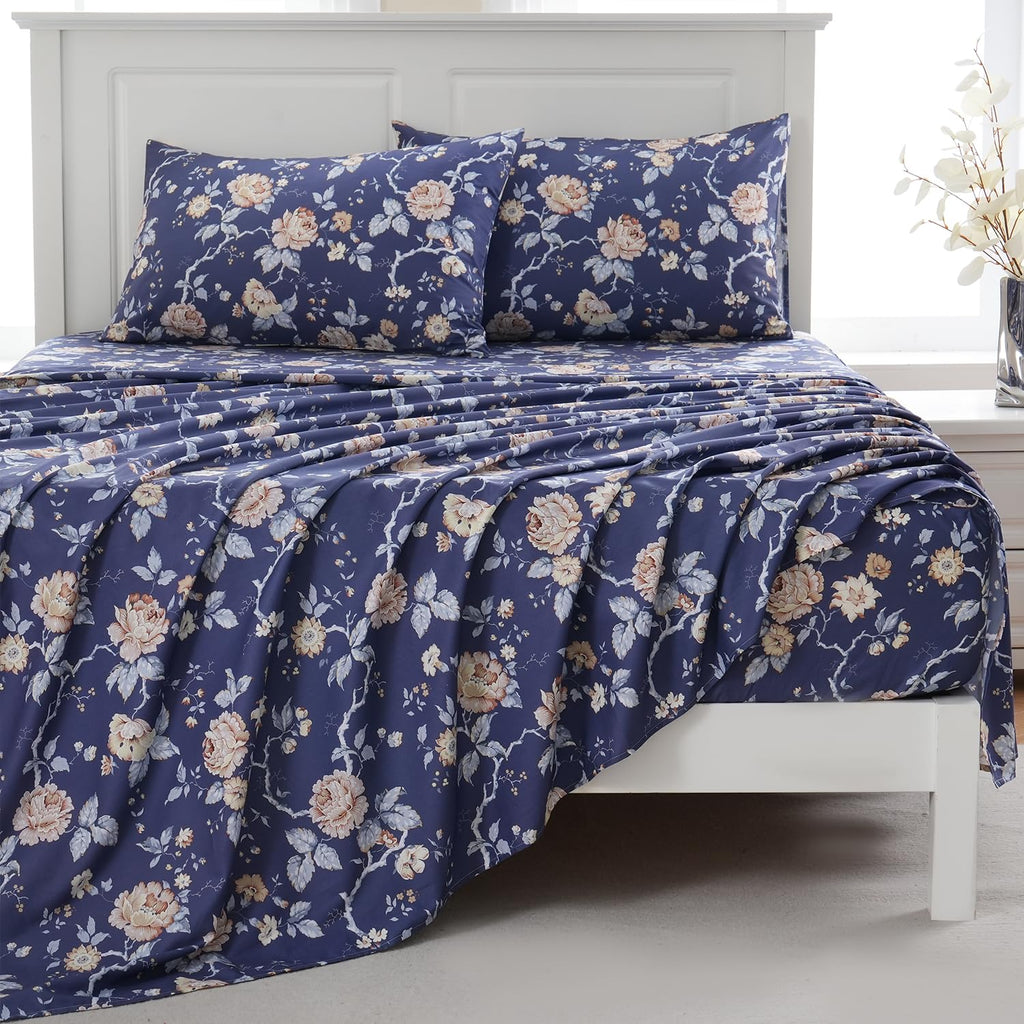 Navy Blue Floral Bed Sheets Set - King Size Percale Cotton Shabby Rustic Peony Flower Print Dark Bed Sheets - Soft