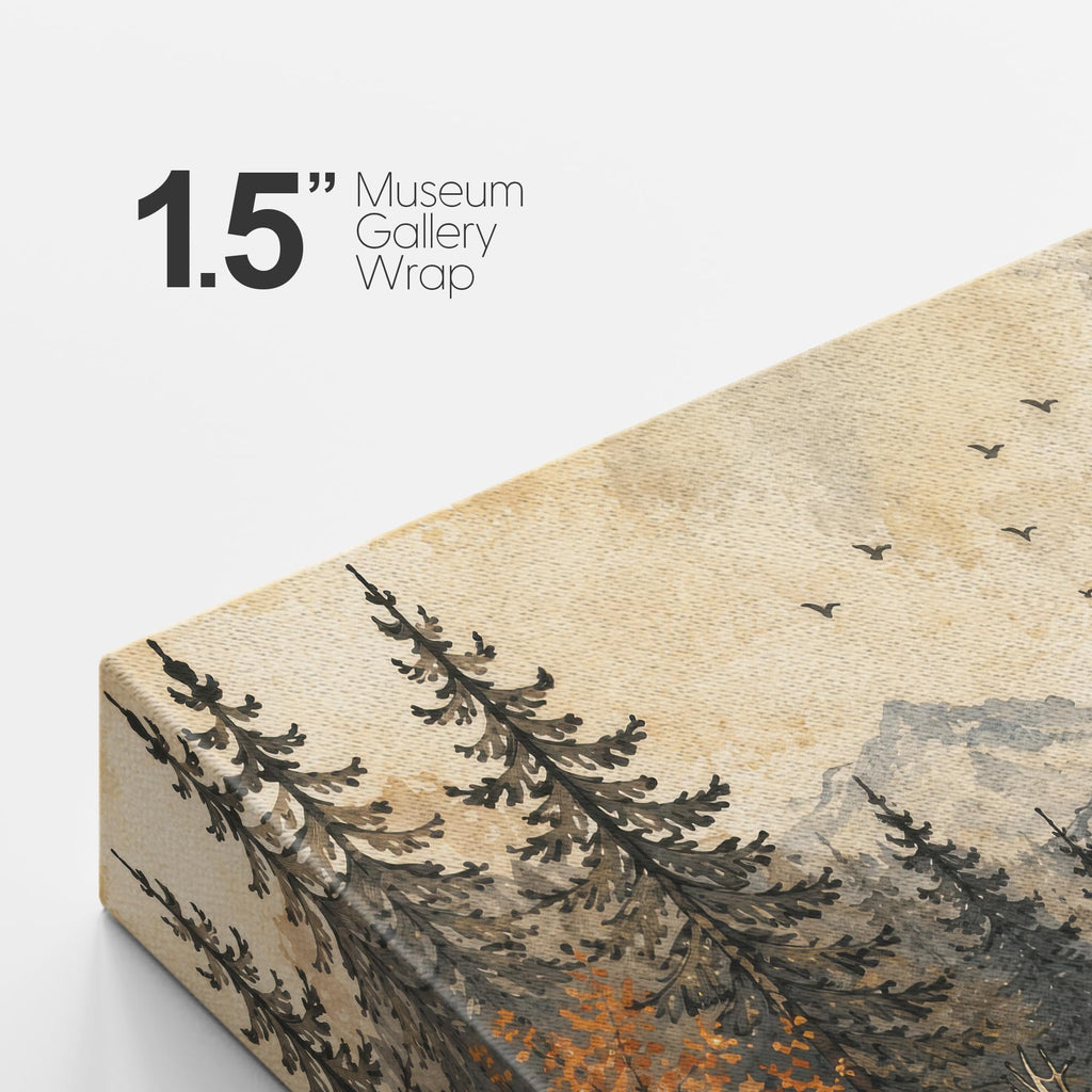 Canvas Print Wall Art Rustic Mountain Cabin Deer Autumn Forest Decorative Scenic Multicolor Landscape Rustic