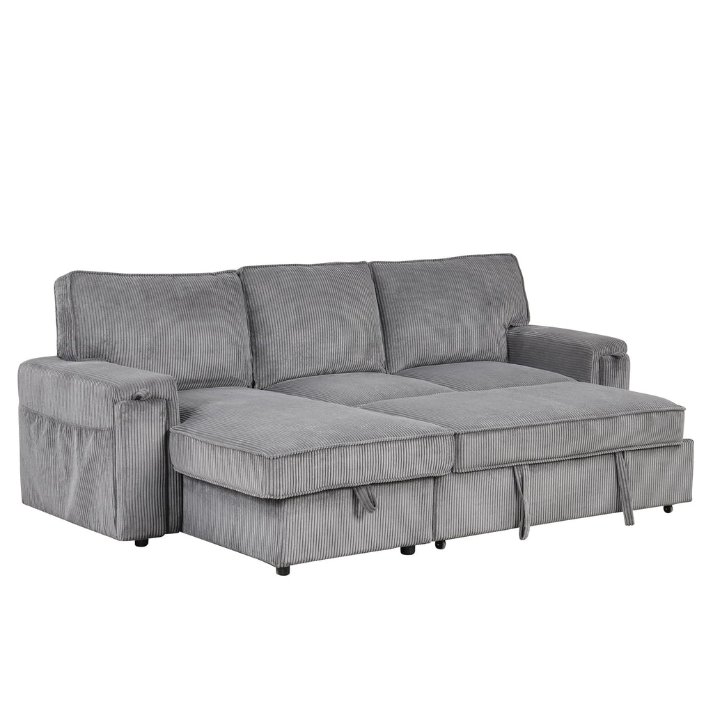 96" Convertible Sleeper Sofa Bed, Modern Corduroy Pull Out Couch with Storage Chaise, L-Shaped Sectional Sofa with