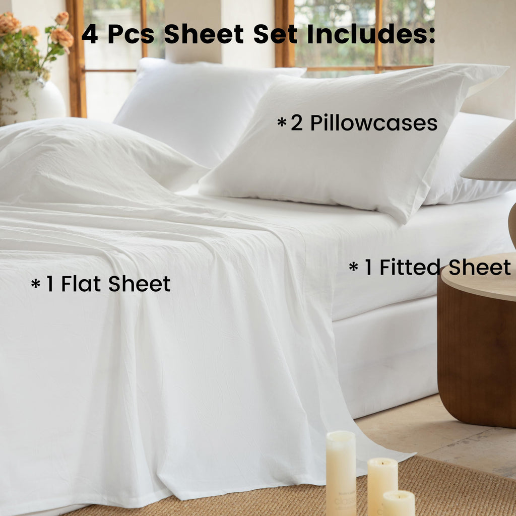100% Washed Cotton Sheet Set Twin Size 3 Pieces Soft Breathable Durable Chic Bedding Set for All Season - Off White