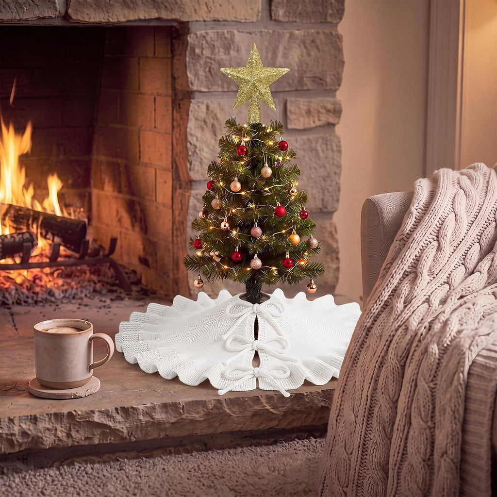 White Mini Christmas Tree Skirt 18" with Star Tree Topper - Set of 2