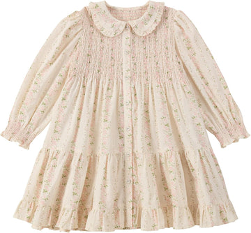 Toddler Girls Dress Smocked Dresses|Floral Print Long Sleeve Dress with Peter Pan Collar | Casual Ruffle Dresses