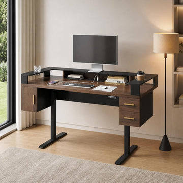 61'' Electric Standing Desk with Drawers, Dual Cup Holders | Height Adjustable Desk, Built-in Power Outlet & USB