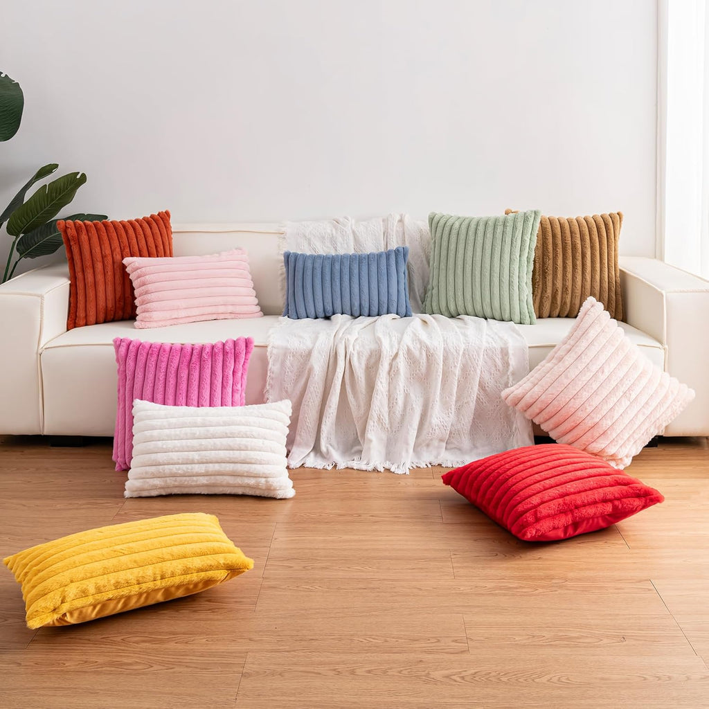 Pack of 2 Faux Fur Christmas Throw Pillow Covers 18x18 Inch, Soft Plush Striped Neutral Couch Pillow Cover, with