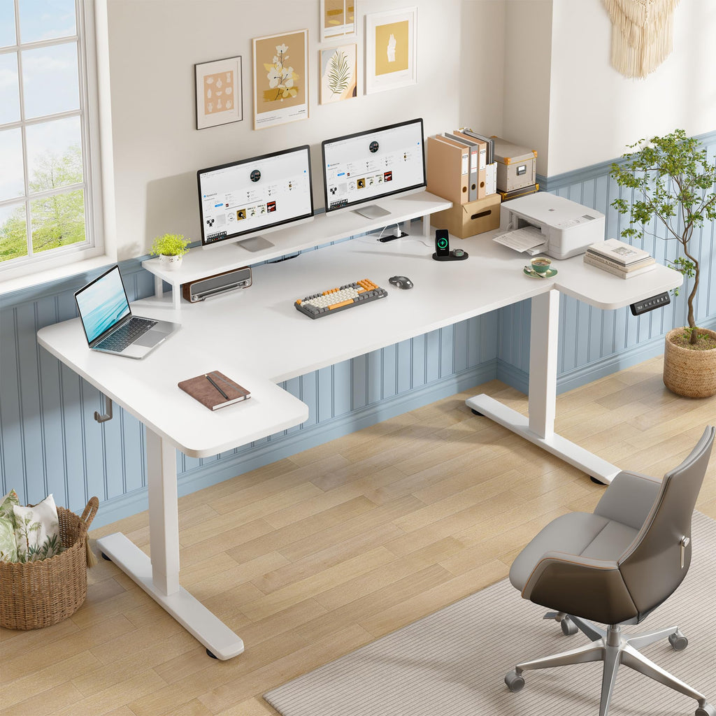 71 x 36 Inch U Shaped Electric Standing Desk, Height Adjustable Desk with Power Outlet, 3 Memory Height