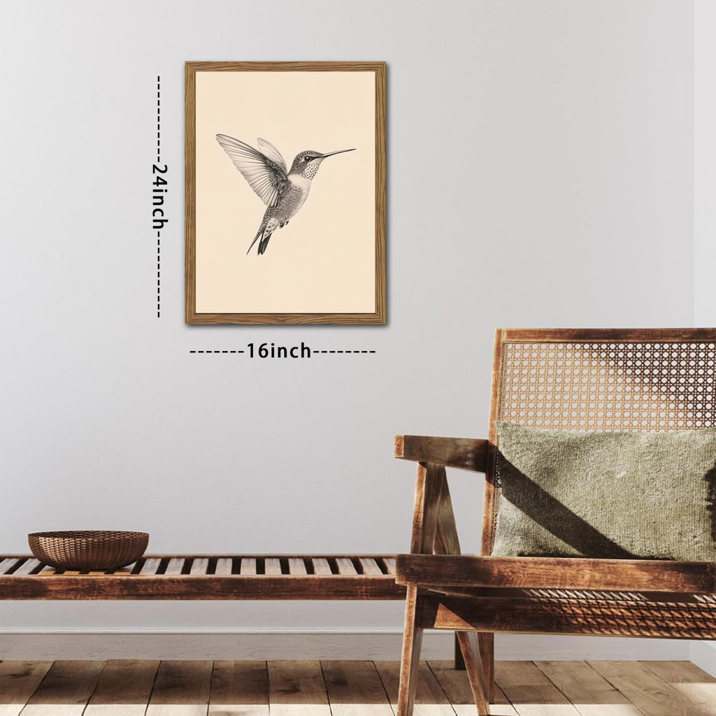 Vintage Framed Wall Art, Birds Canvas Prints, Hummingbird Sketch Painting Picture, Neutral Farmhouse Artwork Wall