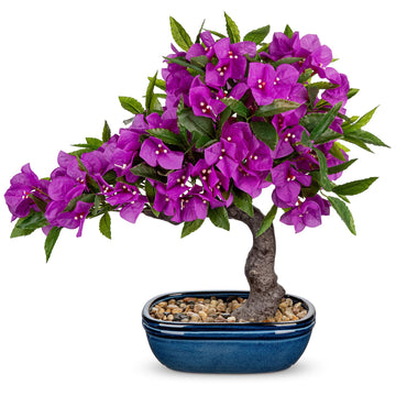 Artificial Bougainvillea Bonsai Tree 18.5" Silk Bougainvillea Plant with Blue Pot Fake Bougainvillea Floral Tree Room