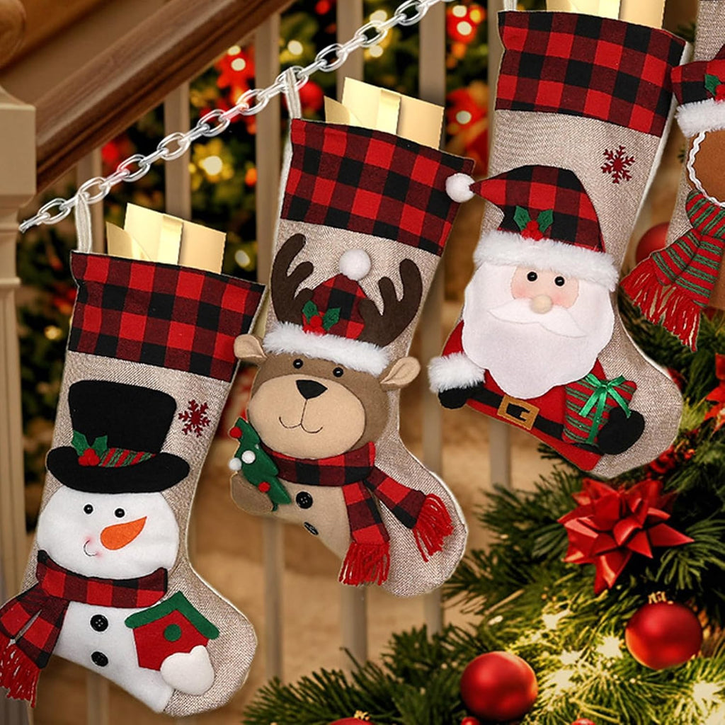 Christmas Stockings Large 18'' 3Pcs - Xmas Stocking Burlap with Plaid and Santa, Snowman, Reindeer for Family Holiday