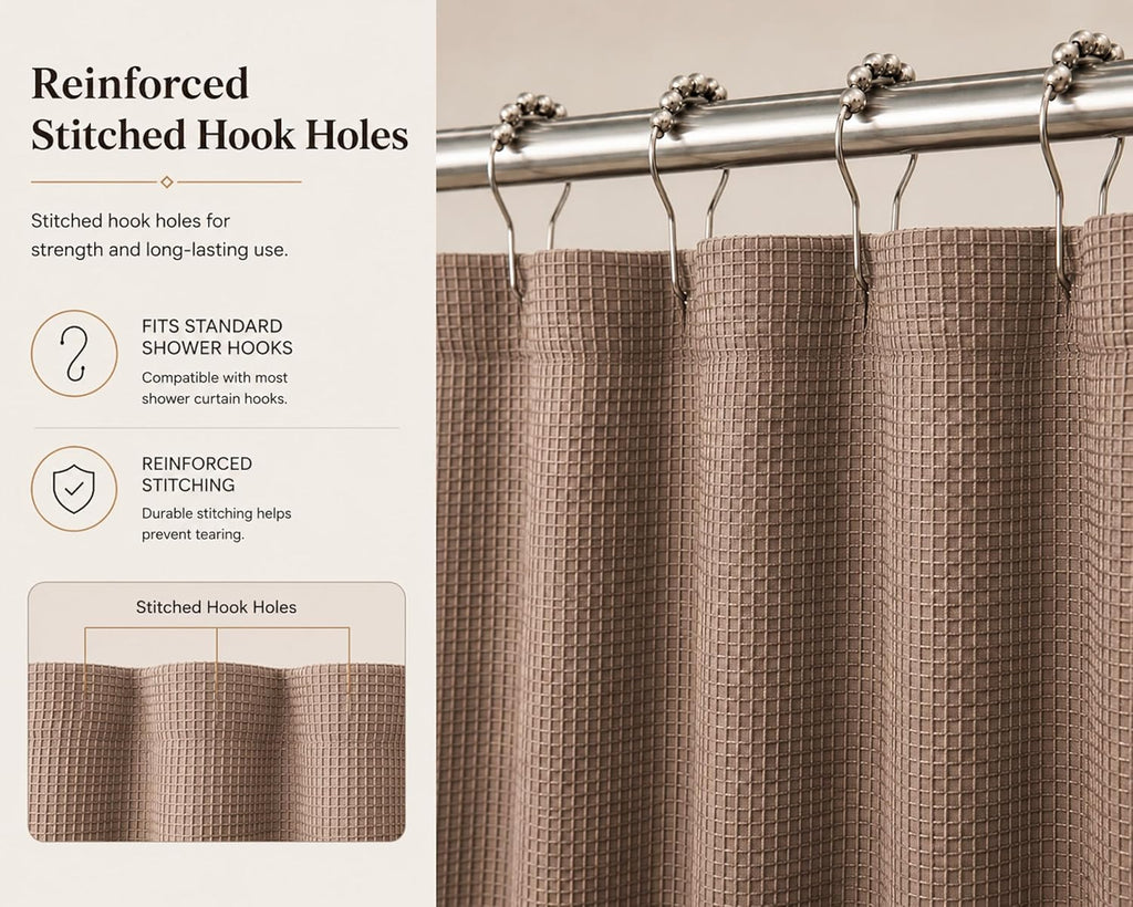 Hotel Style Waffle Weave Shower Curtain, Textured Fabric Shower Curtain, Water Resistant Polyester with Stitched Hook